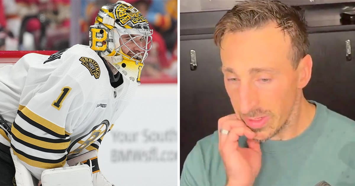 Jeremy Swayman and Brad Marchand of the Boston Bruins