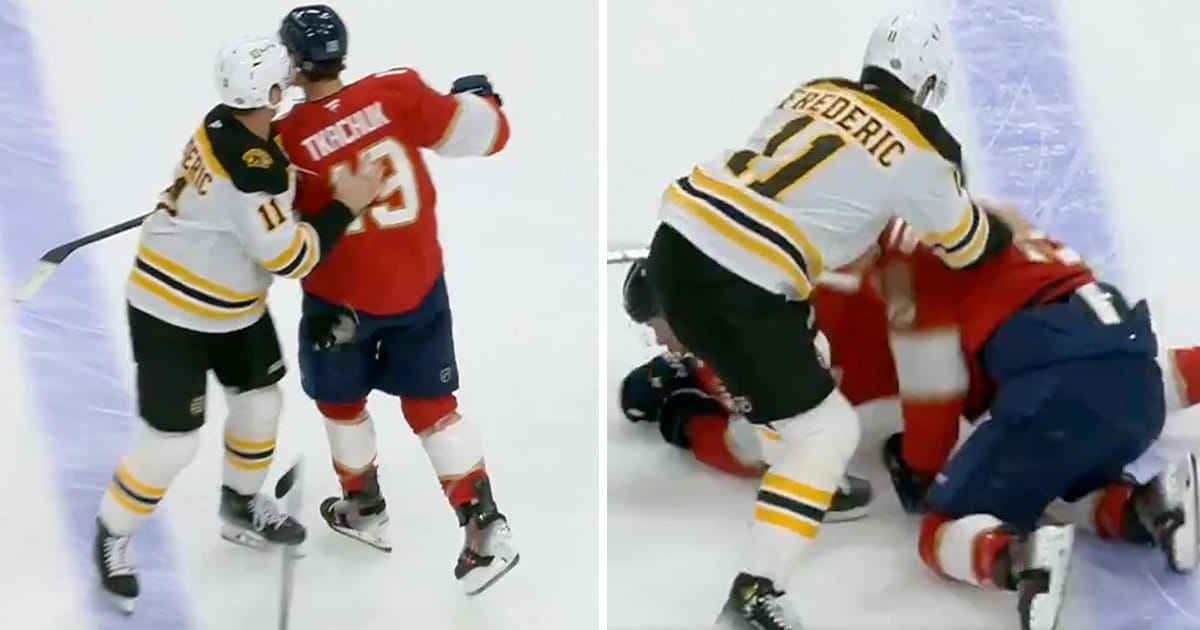 Trent Frederic of the Boston Bruins, and Matthew Tkachuk of the Florida Panthers