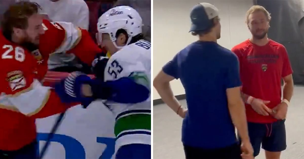 NHL players share a hug postgame following fight