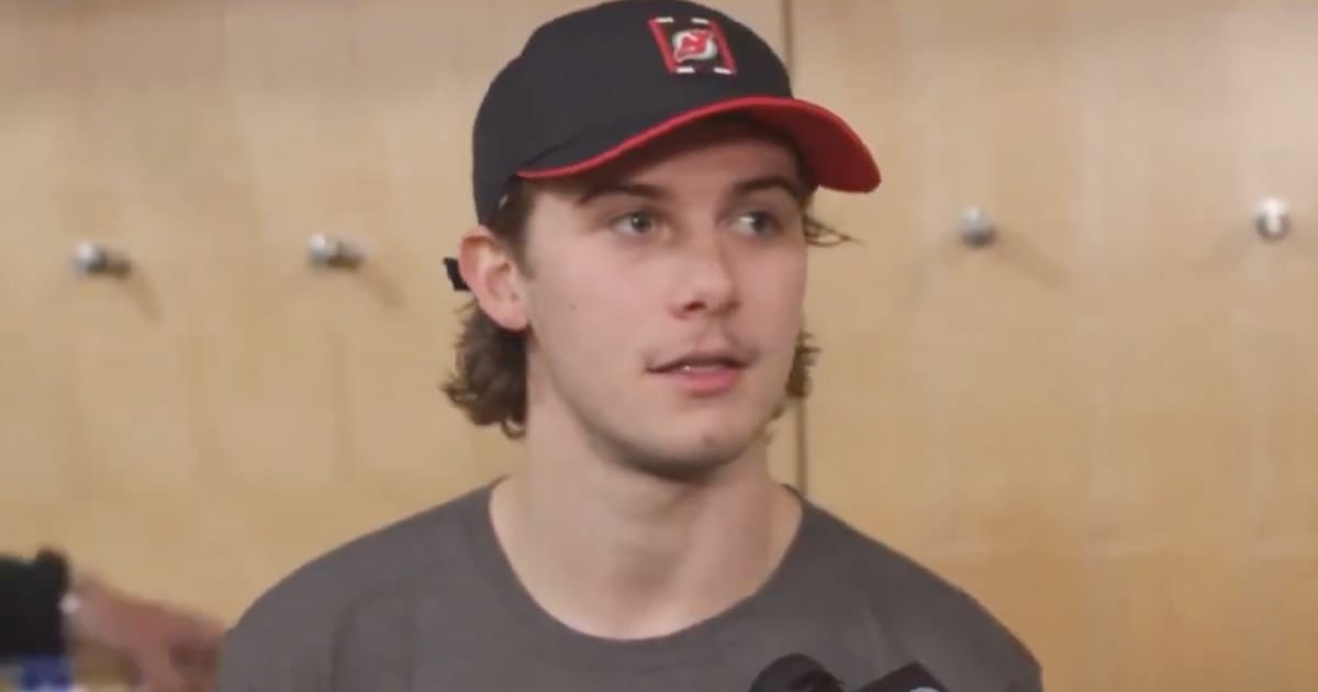 Jack Hughes of the New Jersey Devils after a game against the New York Rangers