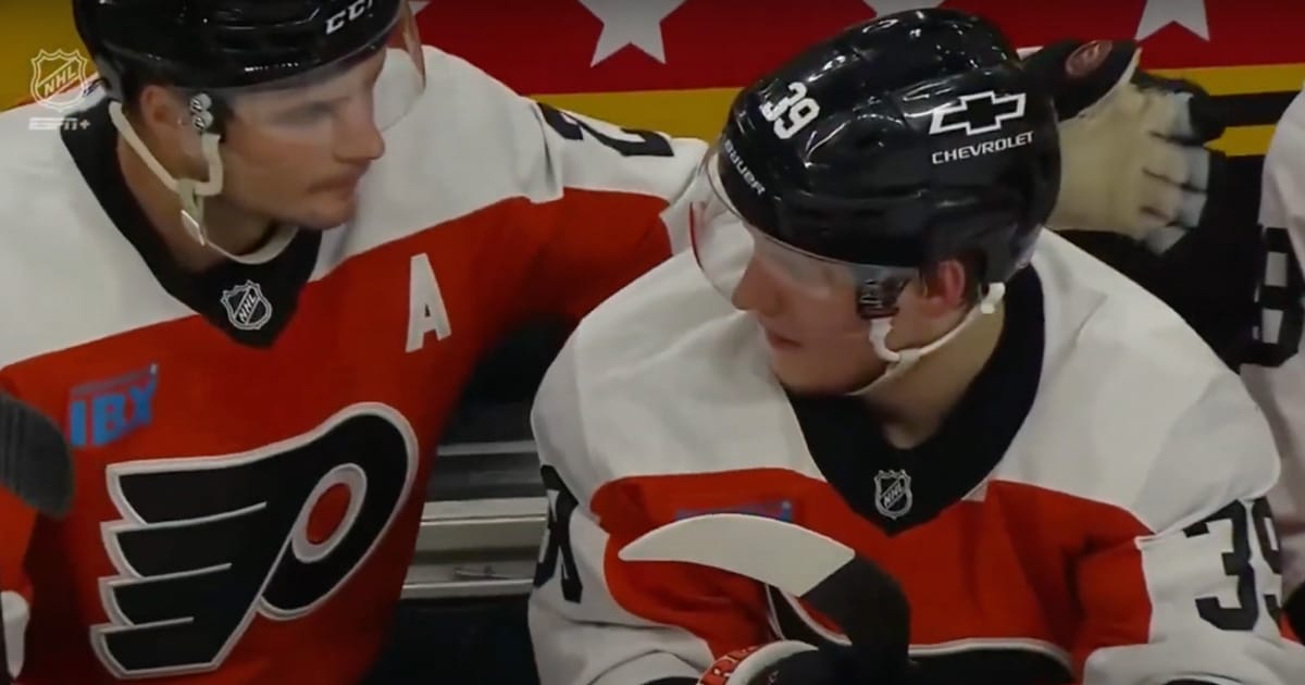 Philadelphia Flyers players Scott Laughton and Matvei Michkov
