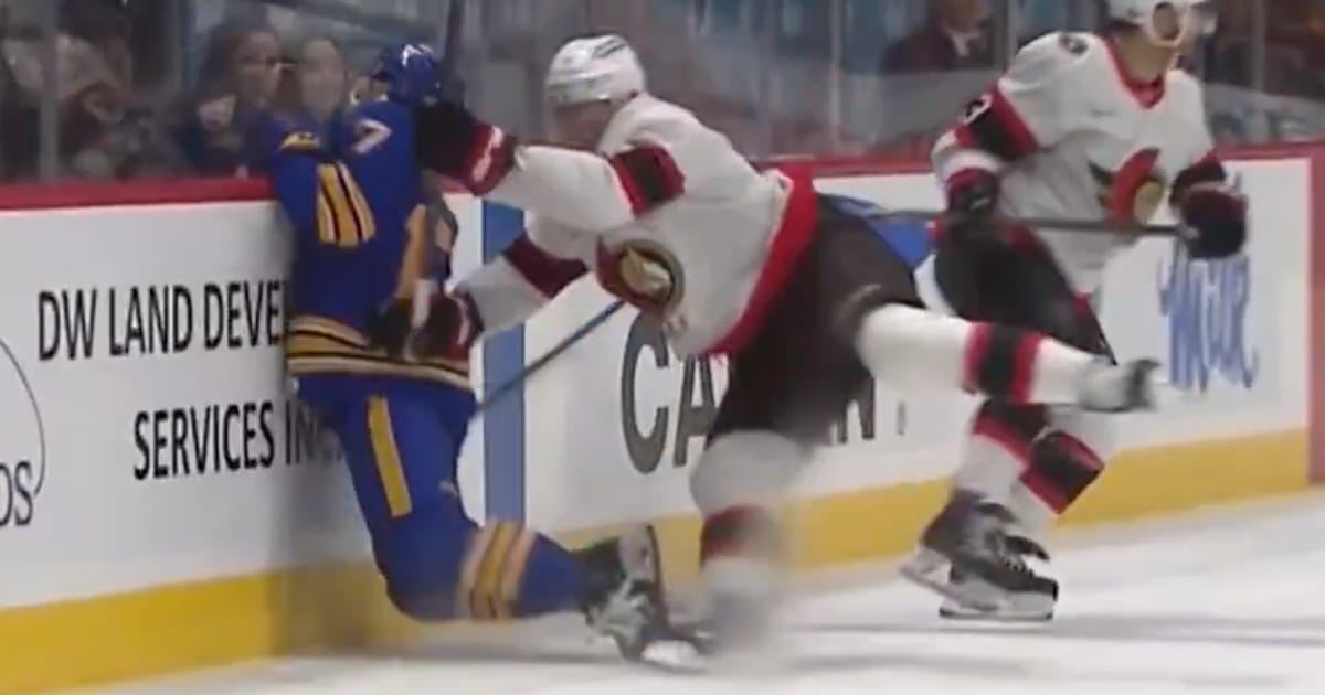 Ottawa Senators' Brady Tkachuk with a hit on Buffalo Sabres' Jason Zucker