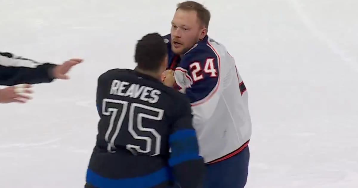 Toronto Maple Leafs' Ryan Reaves in a fight with Columbus Blue Jackets' Mathieu Olivier