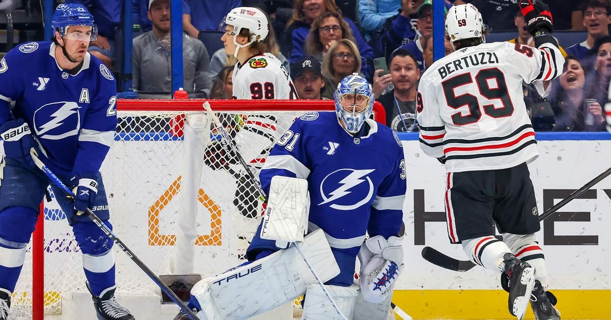 Chicago Blackhawks' Connor Bedard scores against the Tampa Bay Lightning