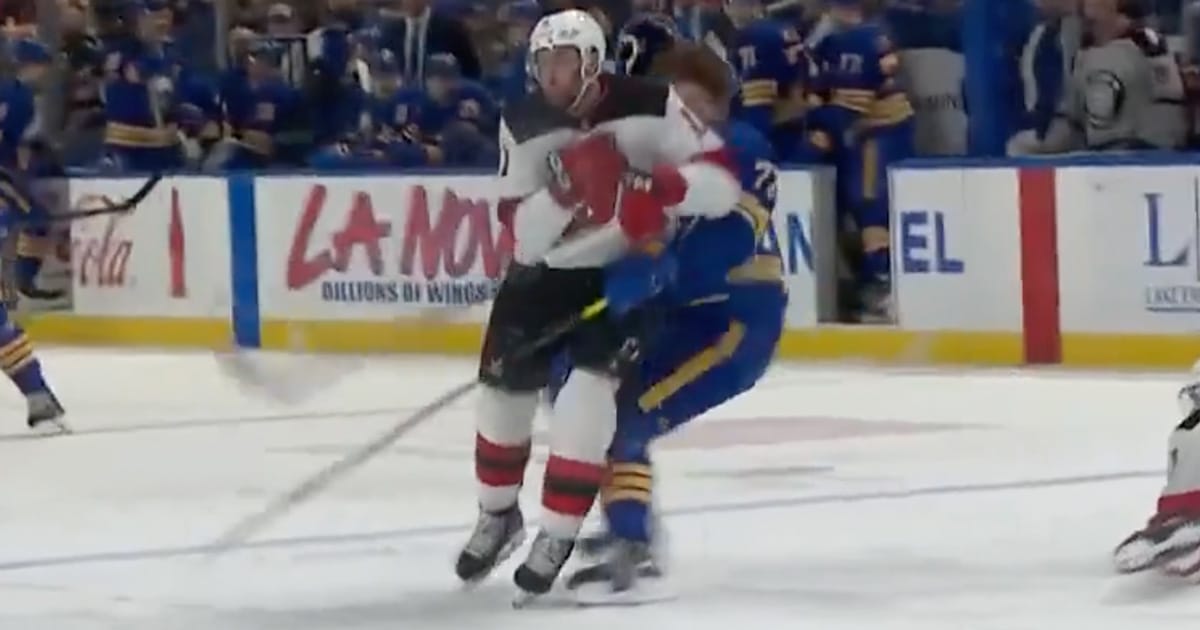 New Jersey Devils' Stefan Noesen with a hit on Buffalo Sabres' Tage Thompson