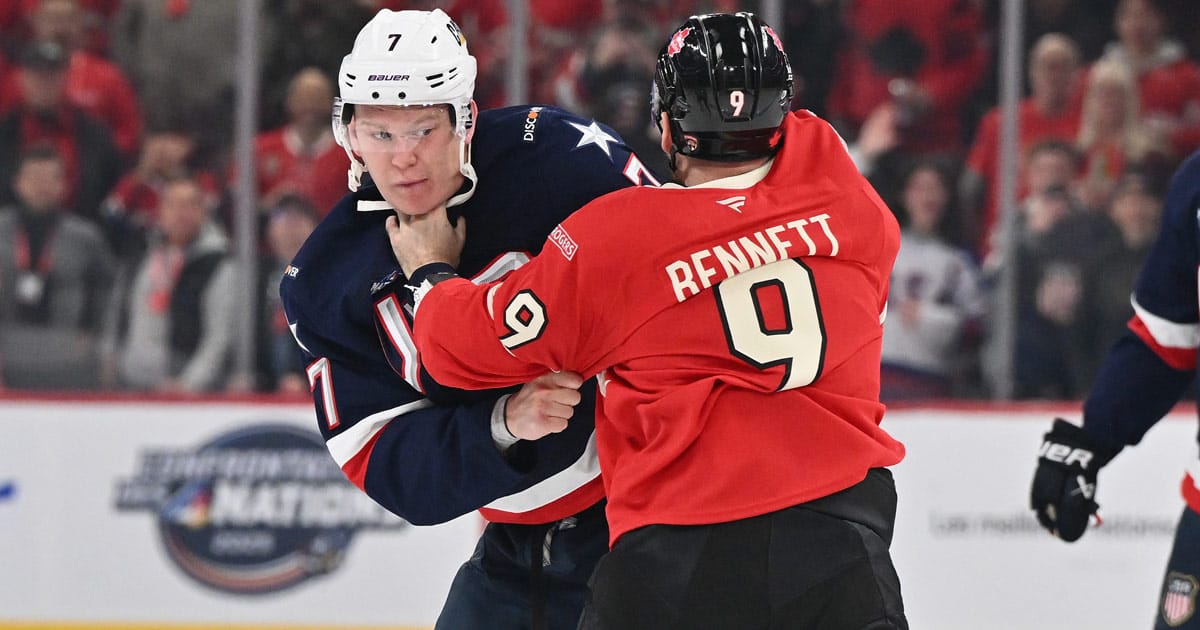 Brady Tkachuk in a fight with Sam Bennett
