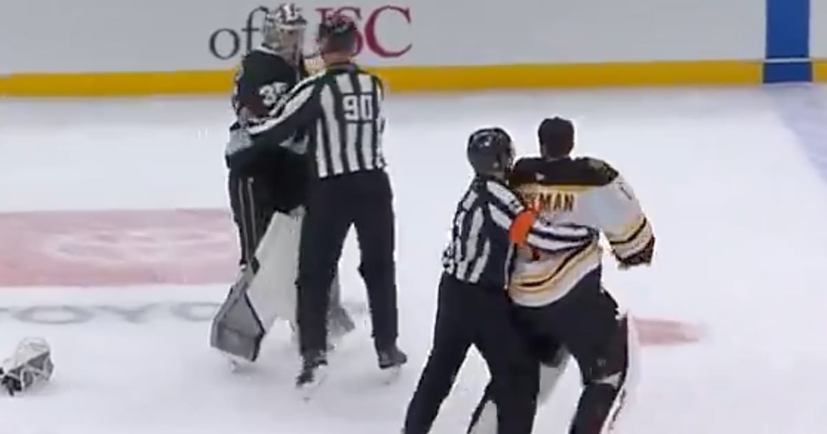 Jeremy Swayman in a fight with Darcy Kuemper