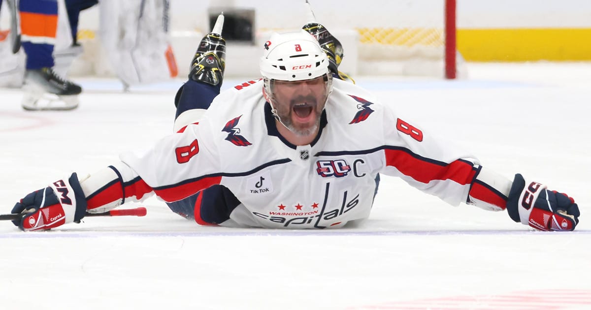 Alex Ovechkin celebrating his record-breaking goal