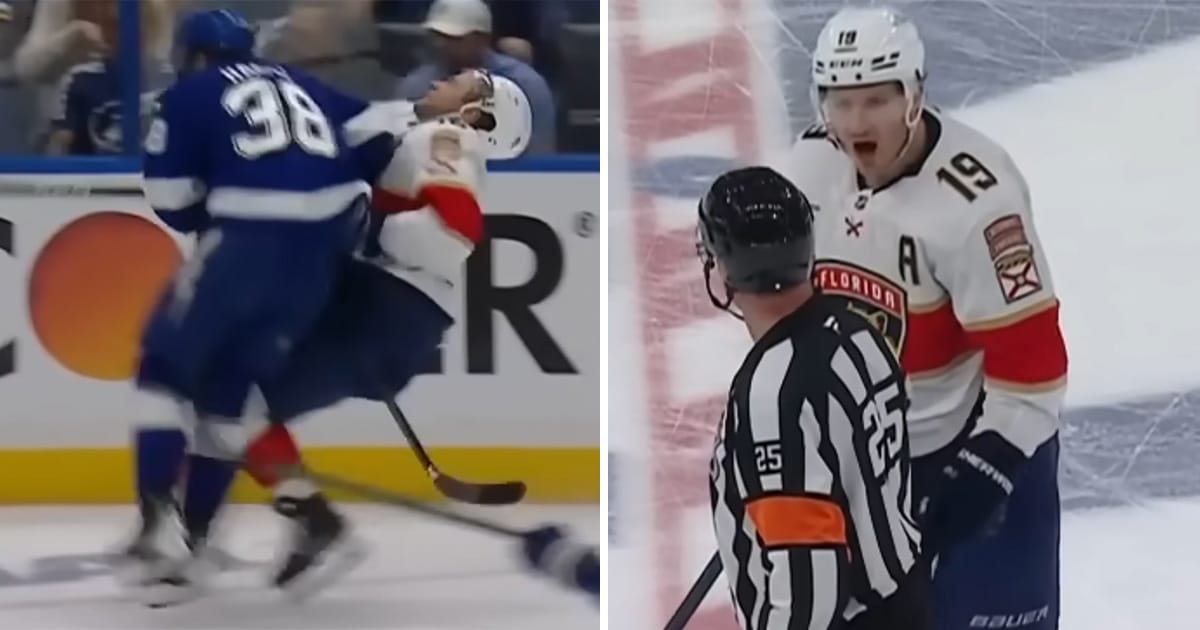 Aleksander Barkov takes a hit from Brandon Hagel