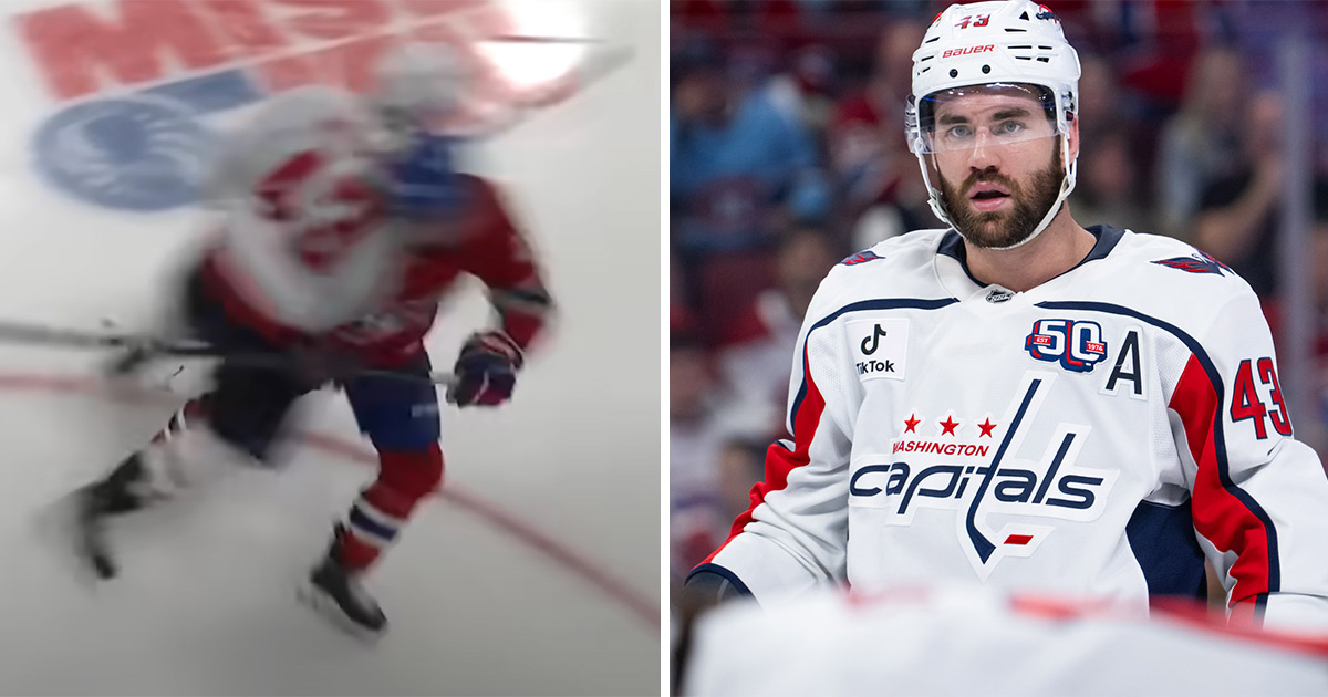 Tom Wilson with a hit on Montreal Canadiens Alexandre Carrier