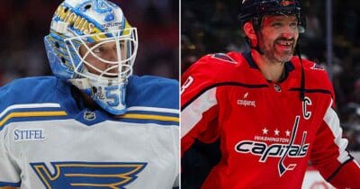Jordan Binnington and Alexander Ovechkin