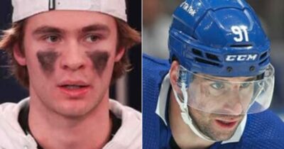 Gavin McKenna and John Tavares of the Toronto Maple Leafs