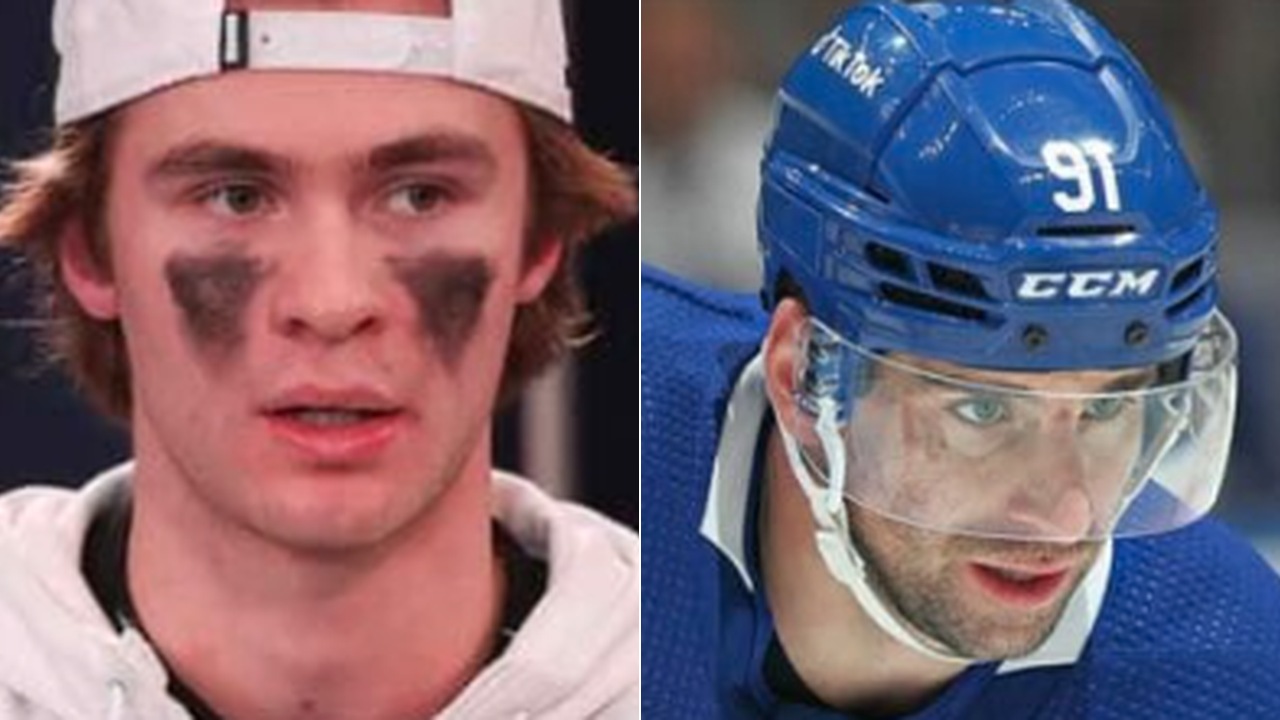 Gavin McKenna and John Tavares of the Toronto Maple Leafs