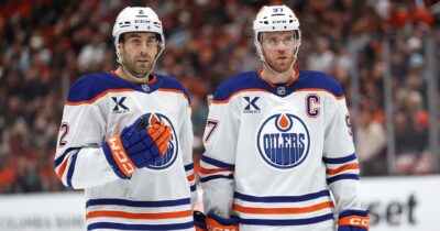 Evan Bouchard and Connor McDavid of the Edmonton Oilers