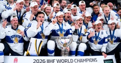 Team Finland celebrating their Hockey World Championship gold