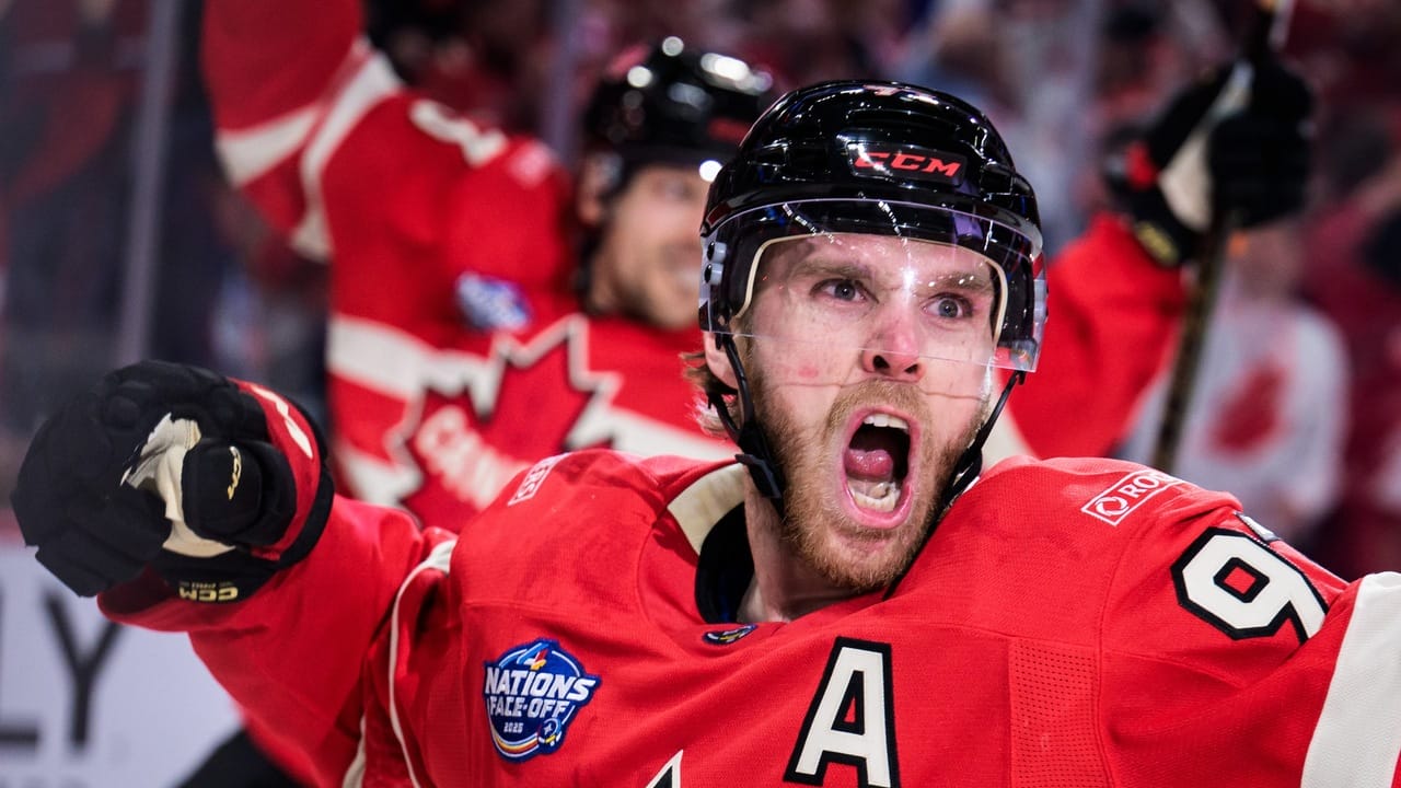 Connor McDavid celebrating a goal for Team Canada