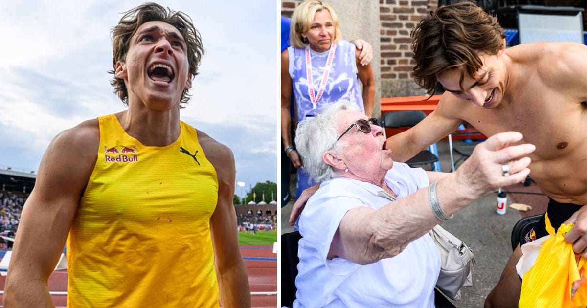 Armand Duplantis med sin mormor efter ett nytt världsrekord