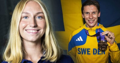 Maja Åskag var den första som sprang fram till Andreas Almgren efter det historiska VM-bronset.