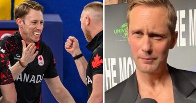 Skådespelaren Alexander Skarsgård säger vad han tycker om OS-curlingen.