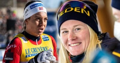 Maja Dahlqvist skrattar åt Kristine Stavås Skistads ord om svenskorna.
