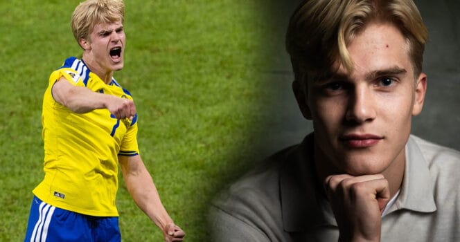 Lucas Bergvall spelar i svenska herrlandslaget och engelska klubblaget Tottenham.