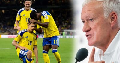 Didier Deschamps säger vad han tycker om svenska landslaget i fotbolls-VM 2026.