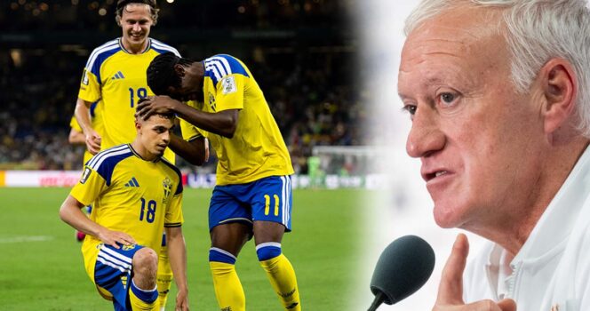Didier Deschamps säger vad han tycker om svenska landslaget i fotbolls-VM 2026.