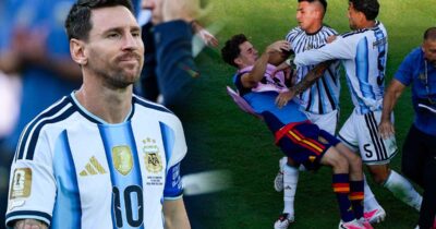 Ett stort bråk utbröt på planen under Spaniens guldfirande på fotbolls-VM i natt.