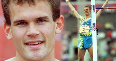 Stefan Holm försökte kyla ner en öm fot med två Piggelin.