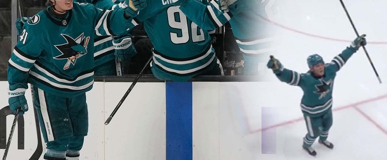 Ivar Stenberg gjorde sitt första mål i NHL för San Jose Sharks i natt.